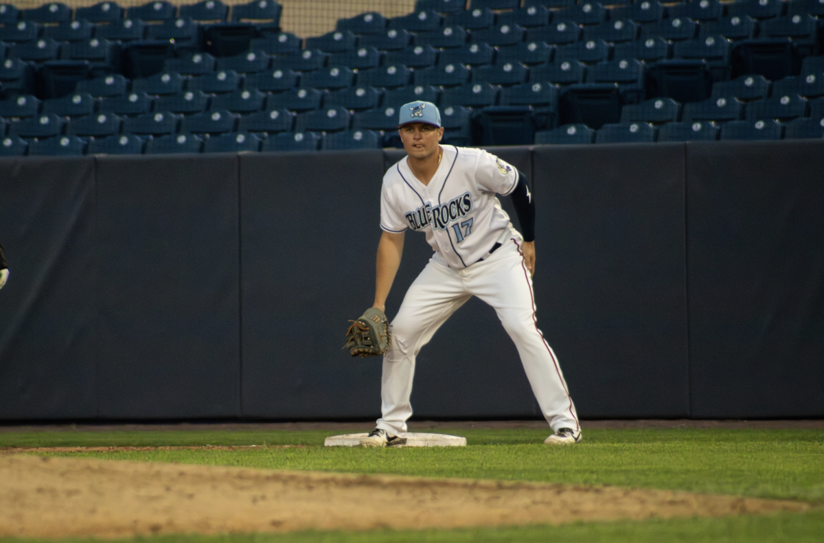 Branden Boissiere stands at first. Boissiere hit the walk-off two-run home run. - Photo via Hannah Capolingua